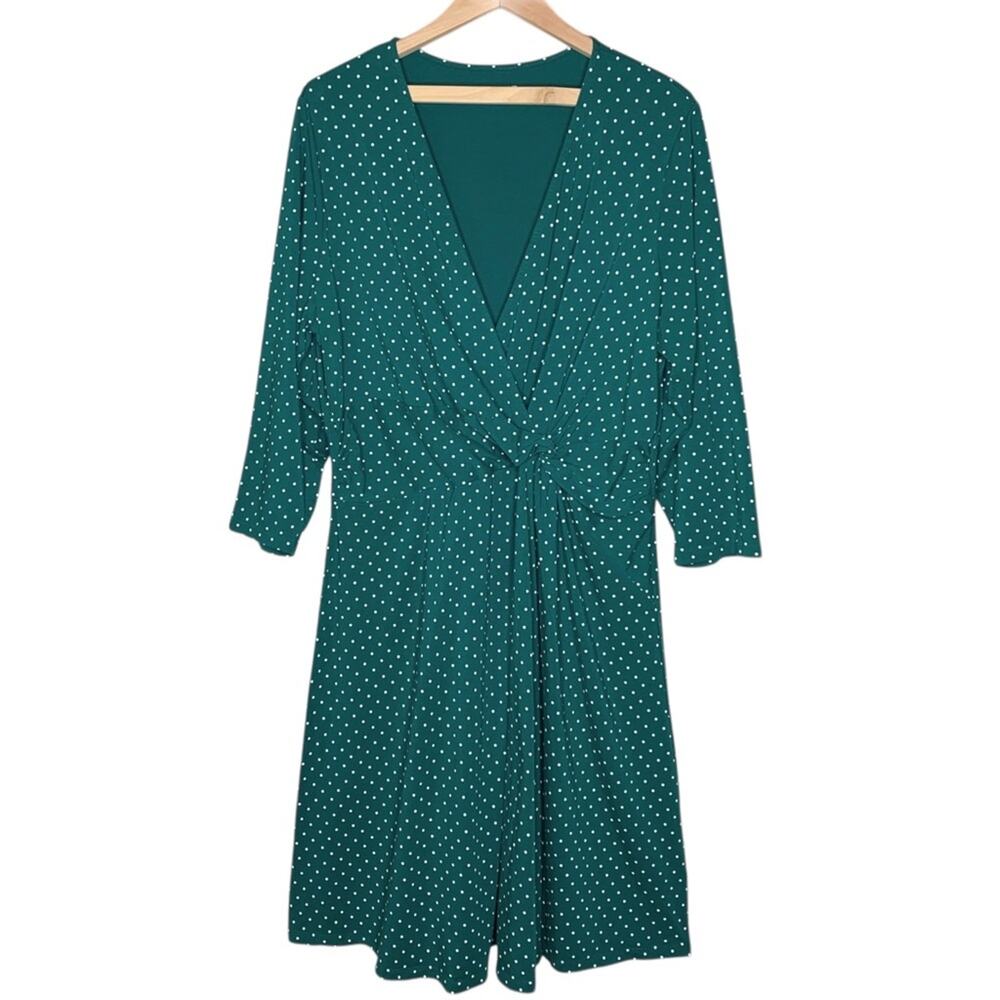 Lands' End Polka Dot Dress Knot Front Faux Wrap Midi 1X Preppy Stretchy Jersey